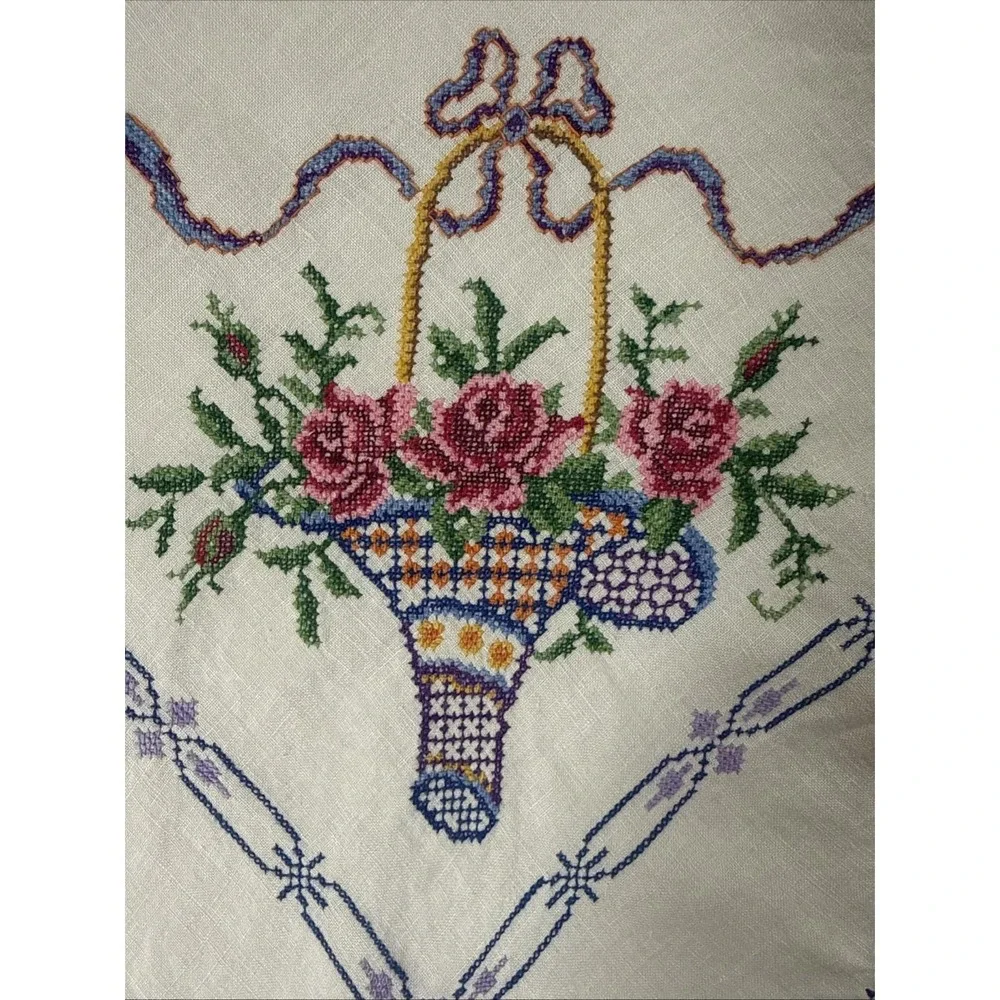 Vtg Cross Stitch Cotton Tablecloth 33